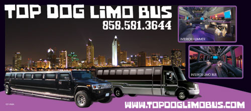 Top Dog Limo Bus in San Diego for the best Party Buses in San Diego! You have to see this one. New luxury party buses and Hummer Limos in San Diego. Call today 858-581-3644 to hear about our specials and FREE hours!